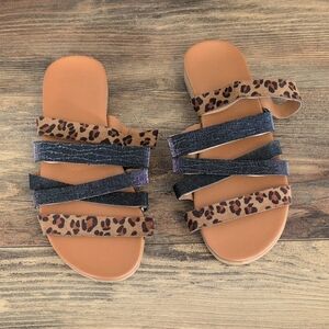 Leopard & Black Women's Strappy Slide Slip On Sandals 7        AB112